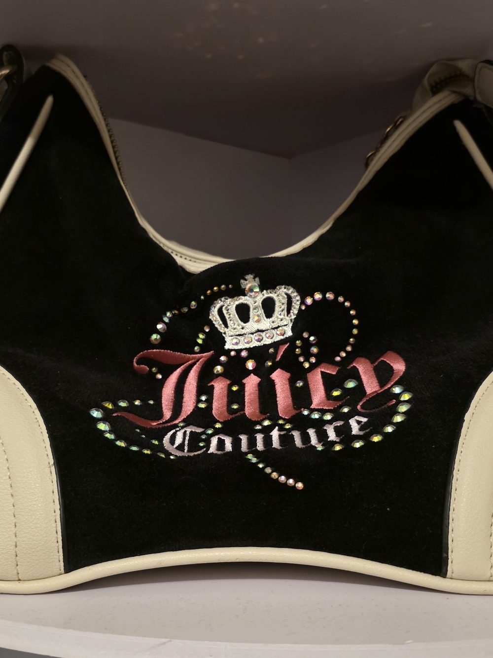 Juicy Couture Black Shoulder Bag with Cream Trim and Pink Logo